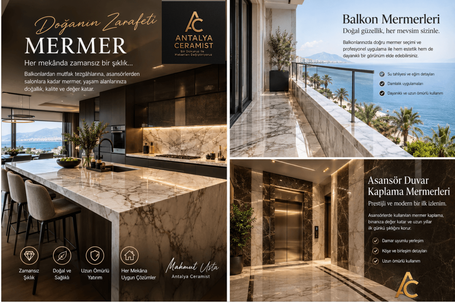 Antalya Ceramist mermer uygulamaları — mutfak tezgâhı, balkon ve asansör mermerleri